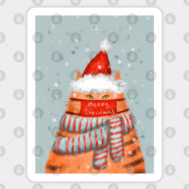 Merry Christmas greeting winter card with cute fluffy cats in red Santa hats and scarves Sticker by Olena Tyshchenko